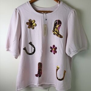 Mesh + Love Womens Short Sleeve Pink Sweatshirt With Sequence Cowboy Rodeo Boots